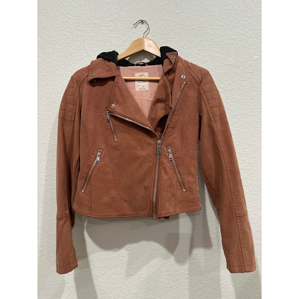 We The Free Free People Vegan Leather Moto Jacket‎ Brown Hooded XS